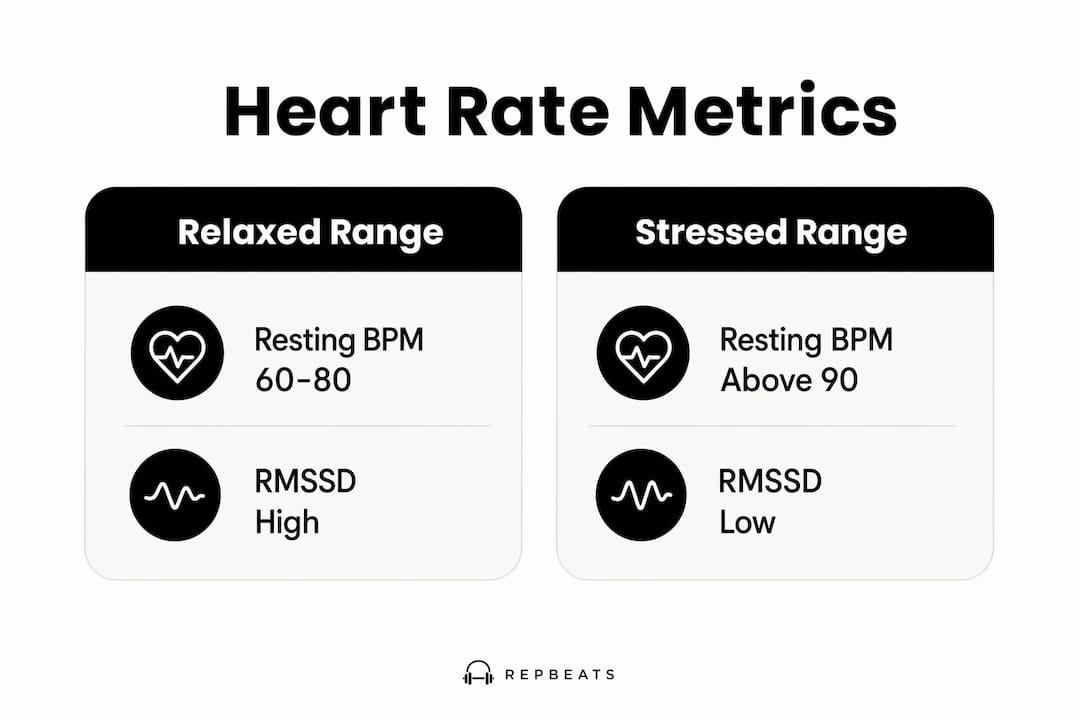 Infographic comparing relaxed and stressed heart rate metrics