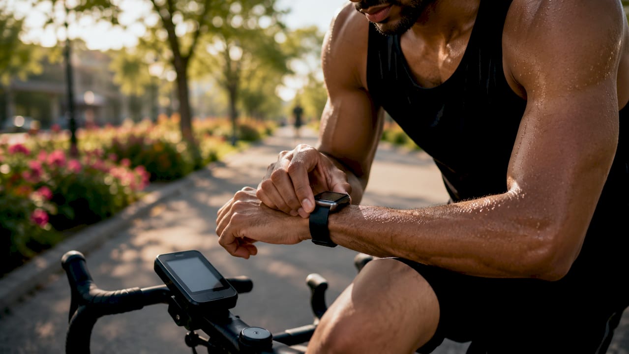 Hands adjusting smartwatch in home gym