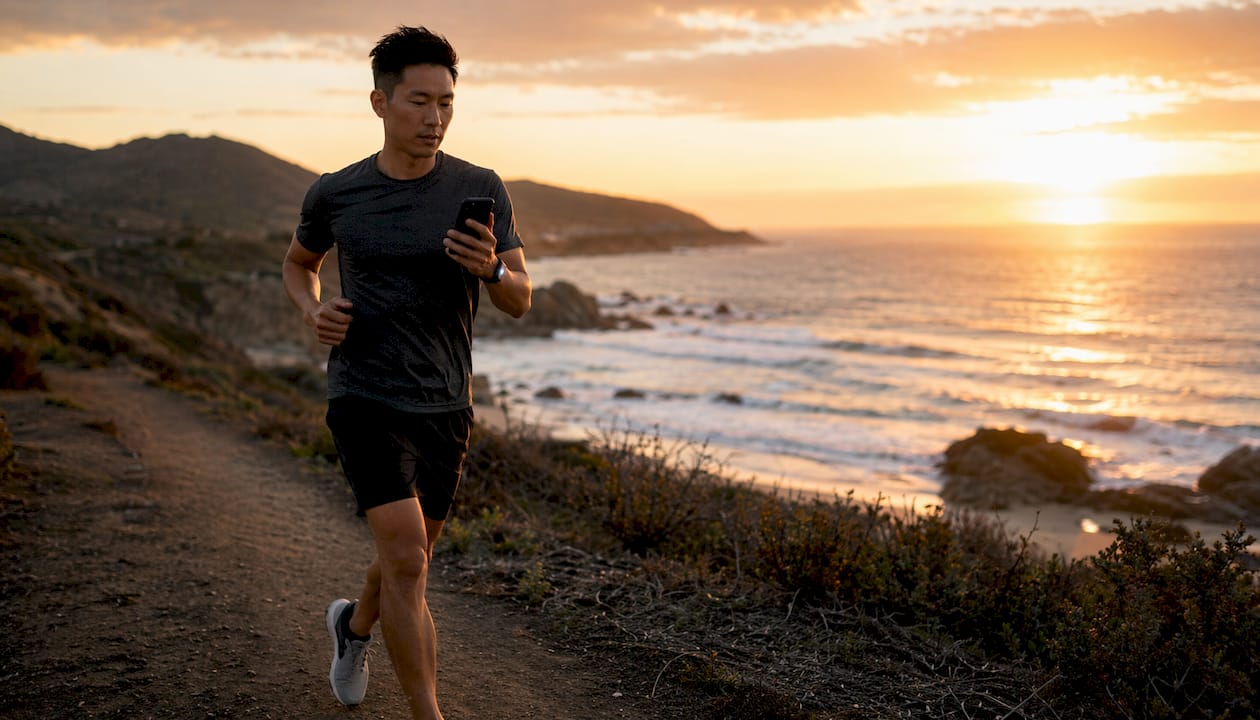 Hands using fitness app with wearable data