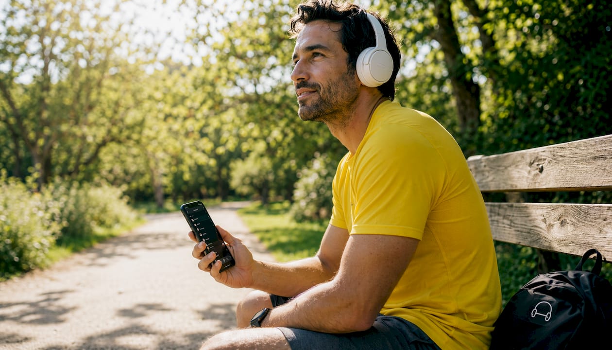 Male runner selecting playlist on smartphone