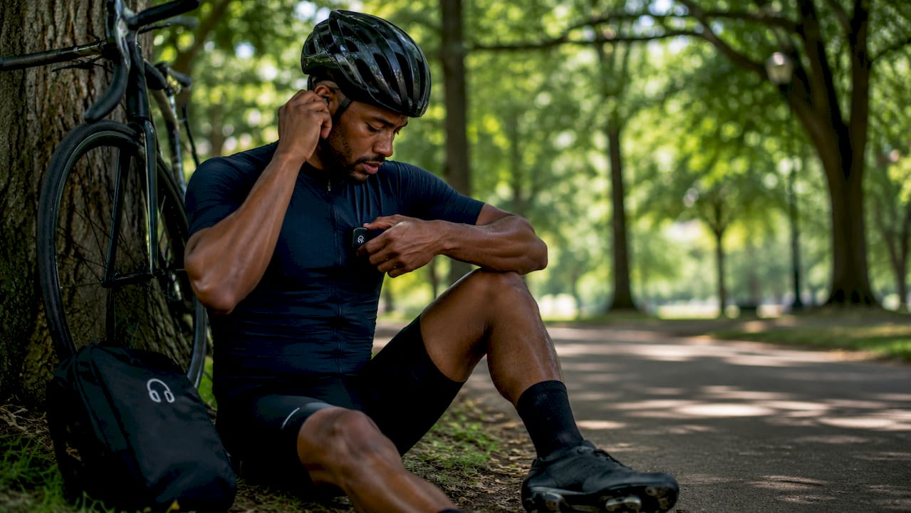 Cyclist checking heart rate synced music during exercise