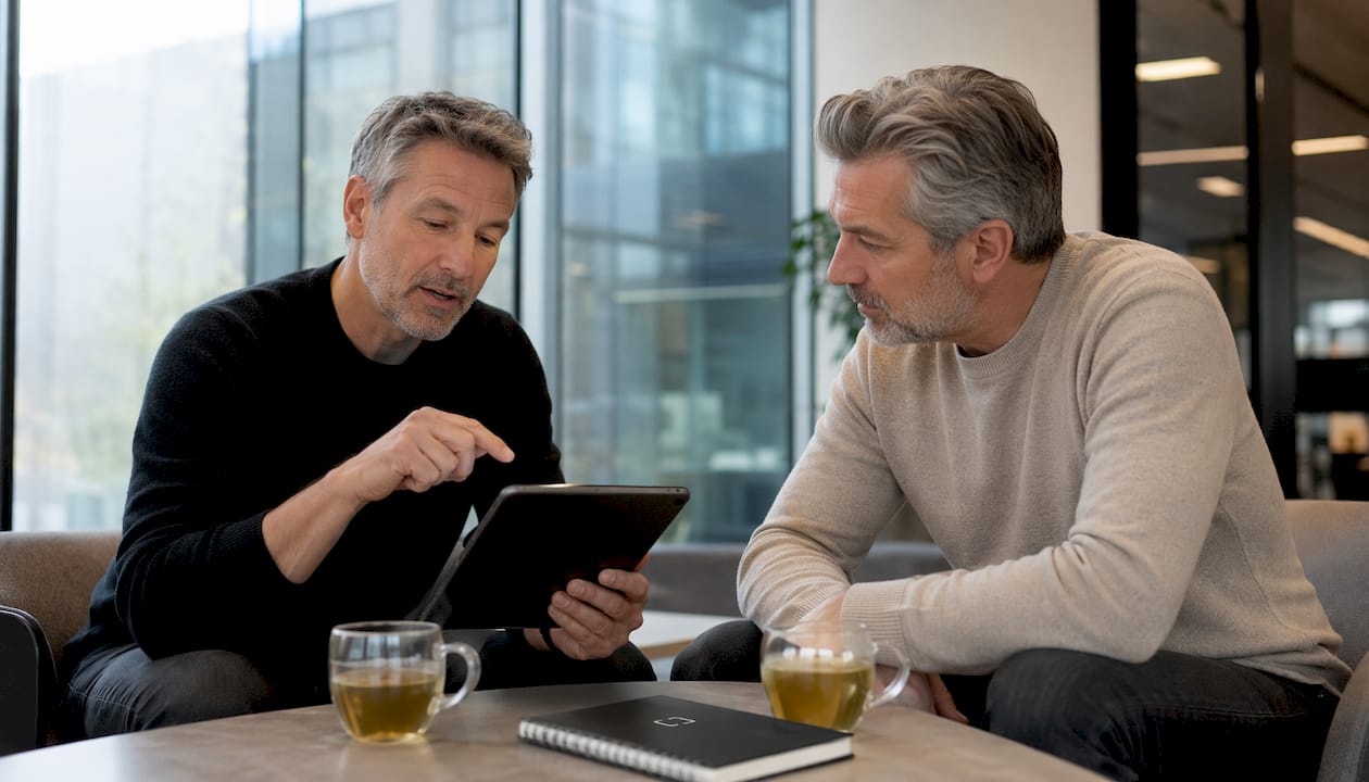 Two men discussing emotional wellness apps at café