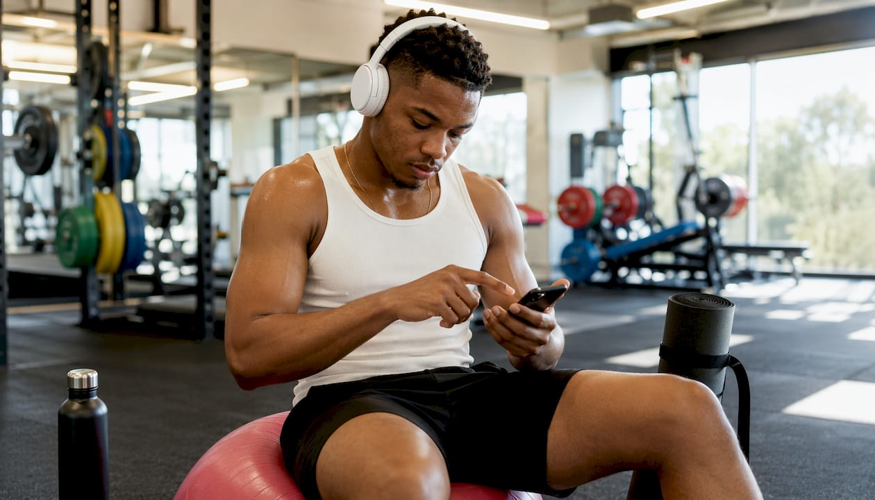 Young man selecting music on phone at gym bench