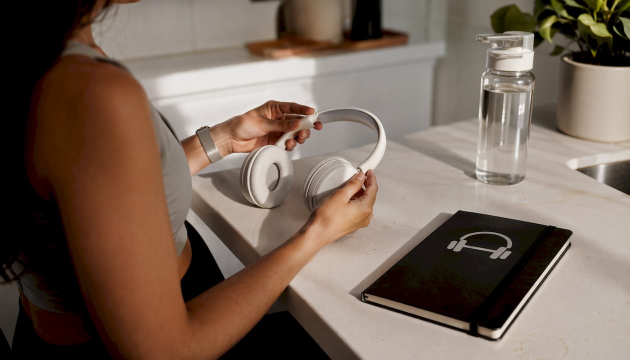 Hands adjusting headphones on wooden desk