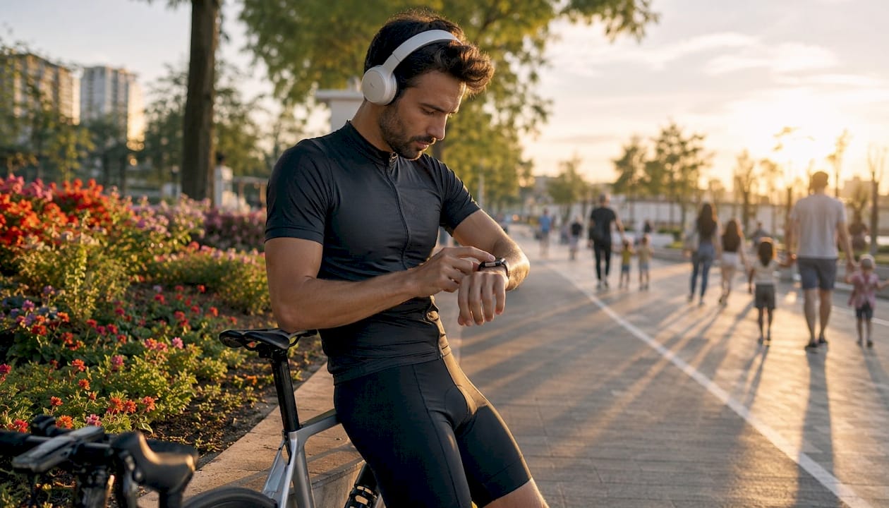 Cyclist controlling music on wearable device