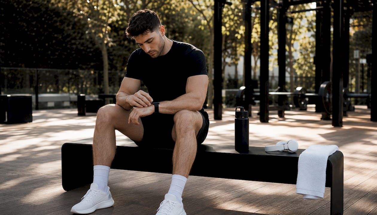 Hands setting smartwatch with earbuds and phone in gym