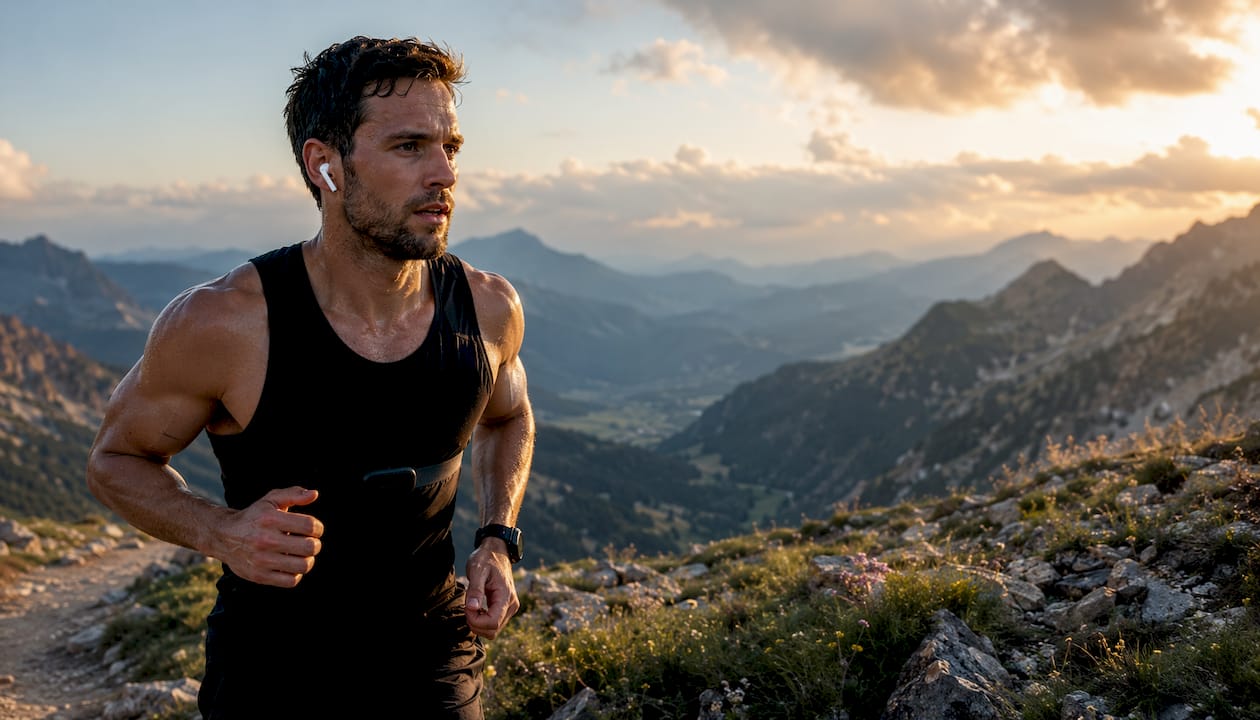 Male runner with earbuds and fitness tracker outdoors