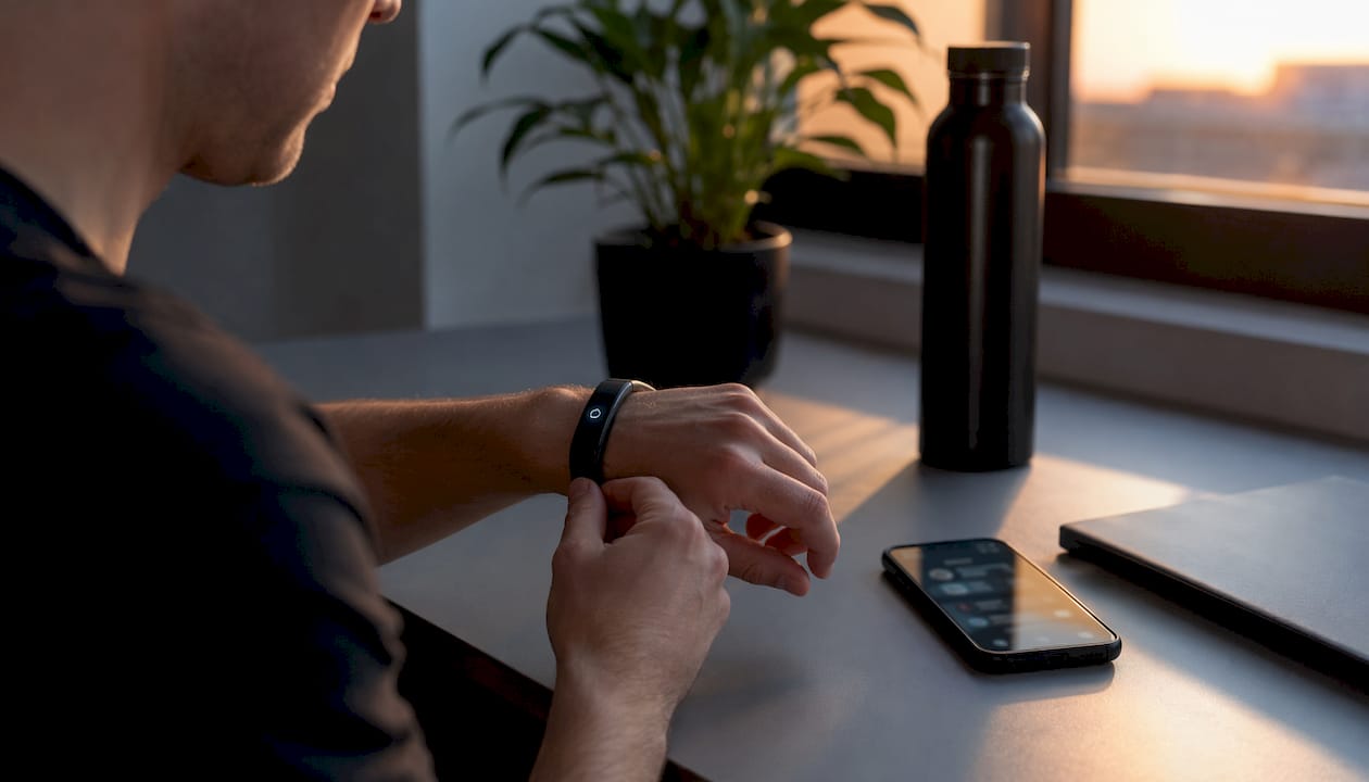 Hands holding fitness tracker and smartphone in gym
