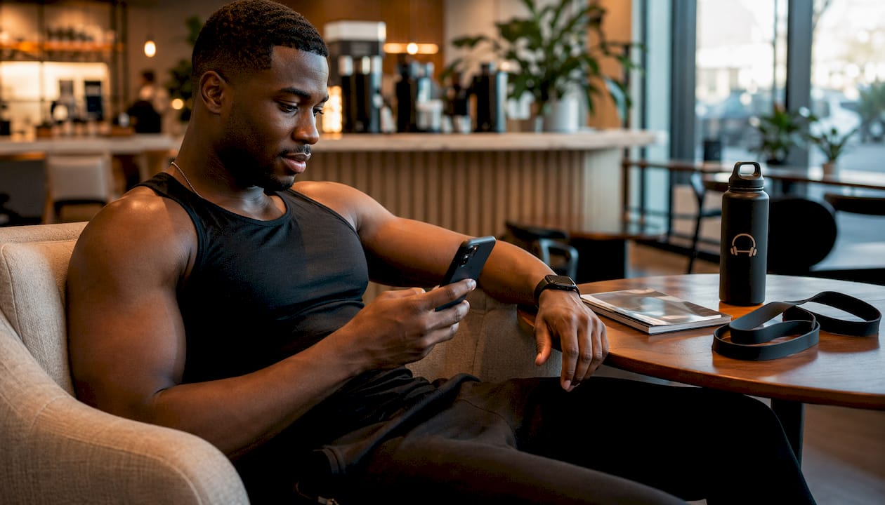 Man selecting ambient music on phone post-workout