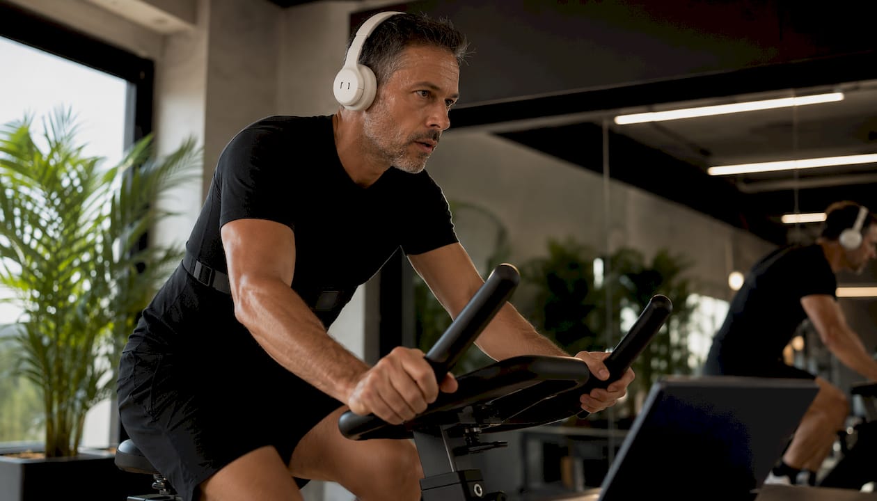 Man cycling with adaptive workout music