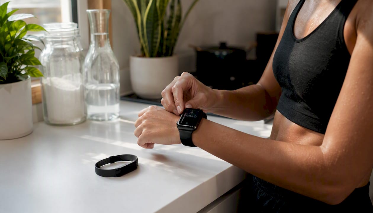 Hands interacting with wearable syncing apps