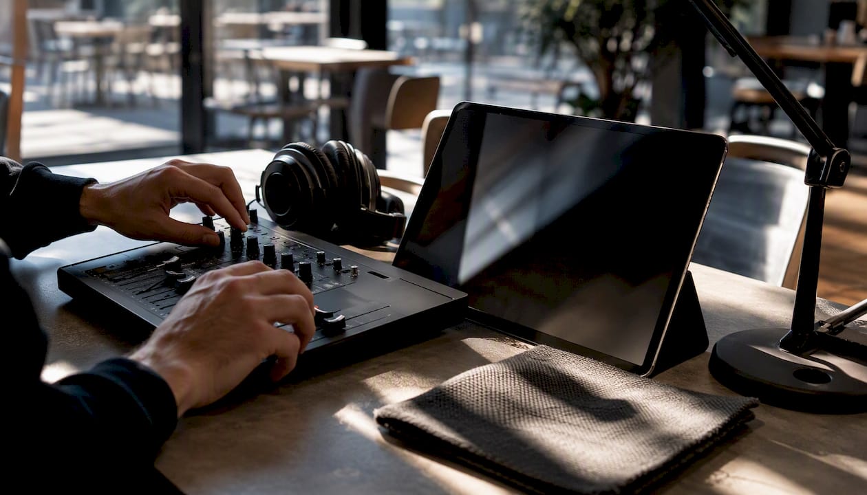 Hands adjusting music mixer in home studio