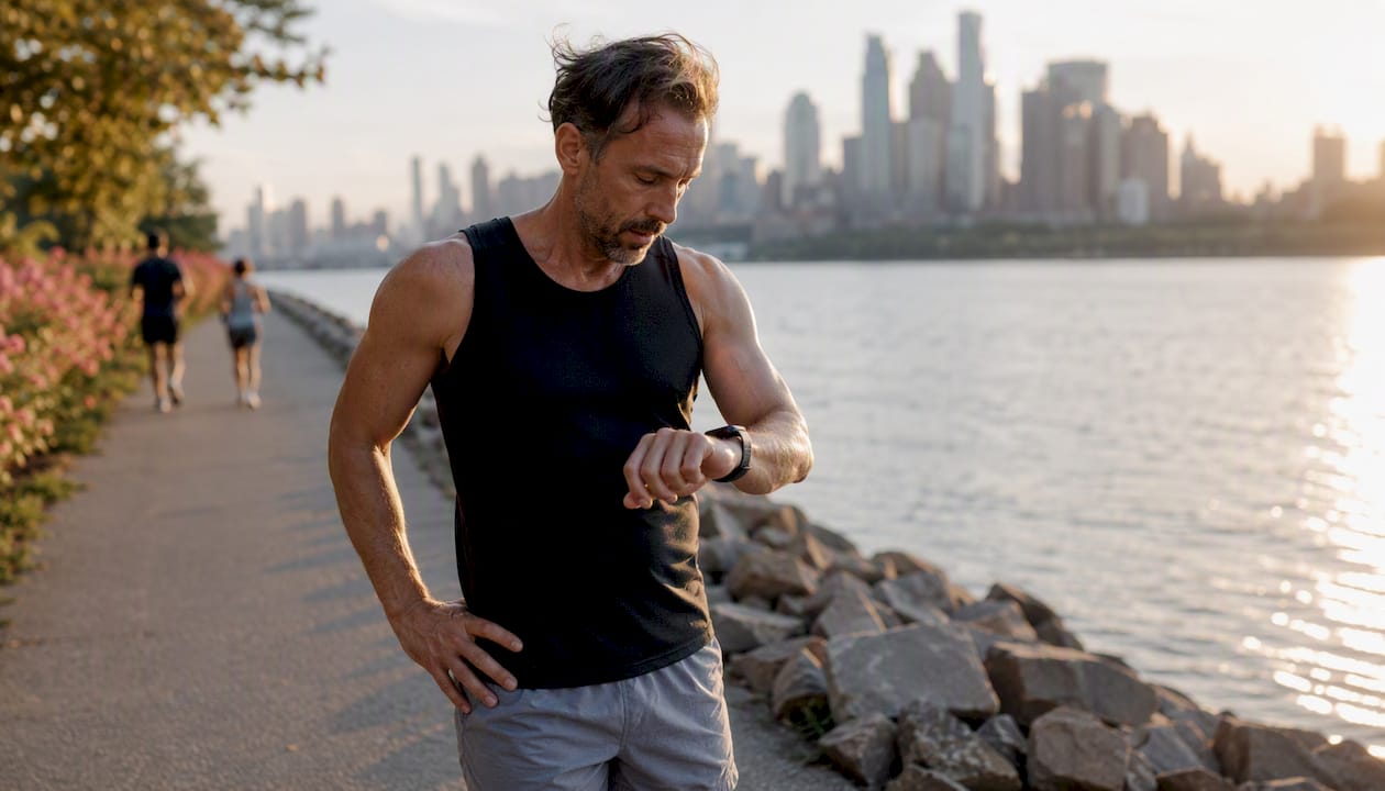 Runner reading cadence data on fitness watch