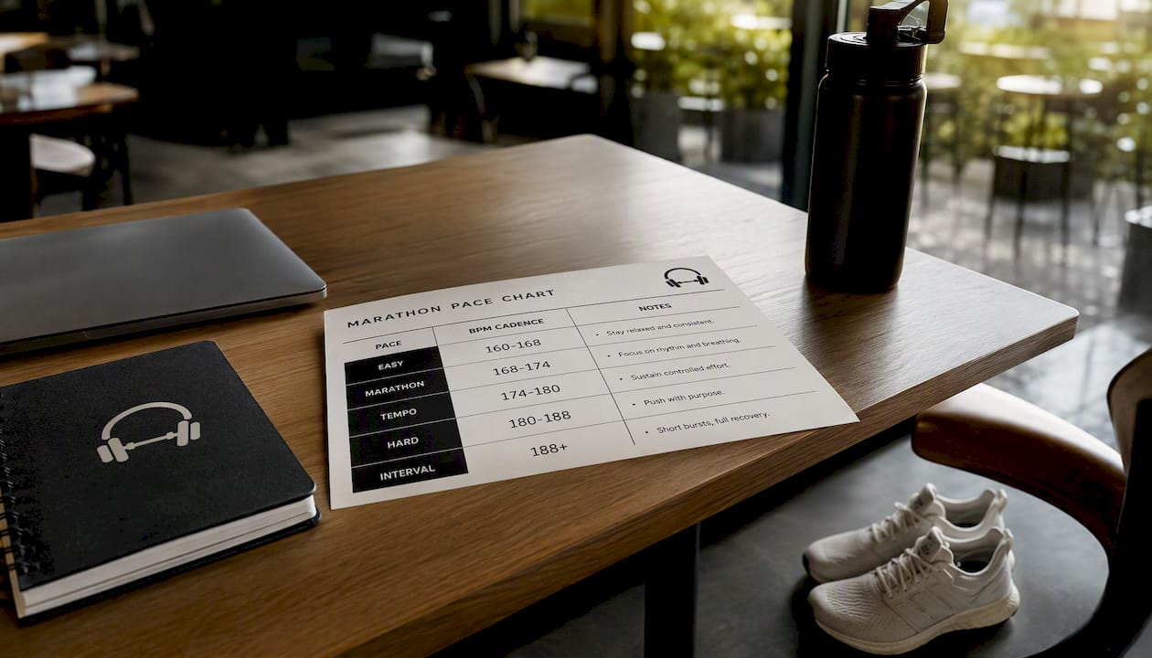 Close-up of marathon pace cadence chart and running gear