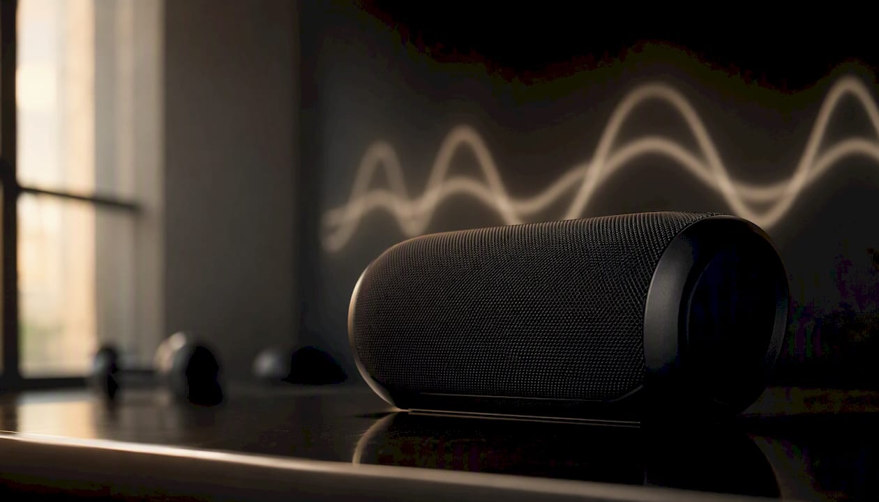 Close-up modern speaker symbolizing stereo sound cues