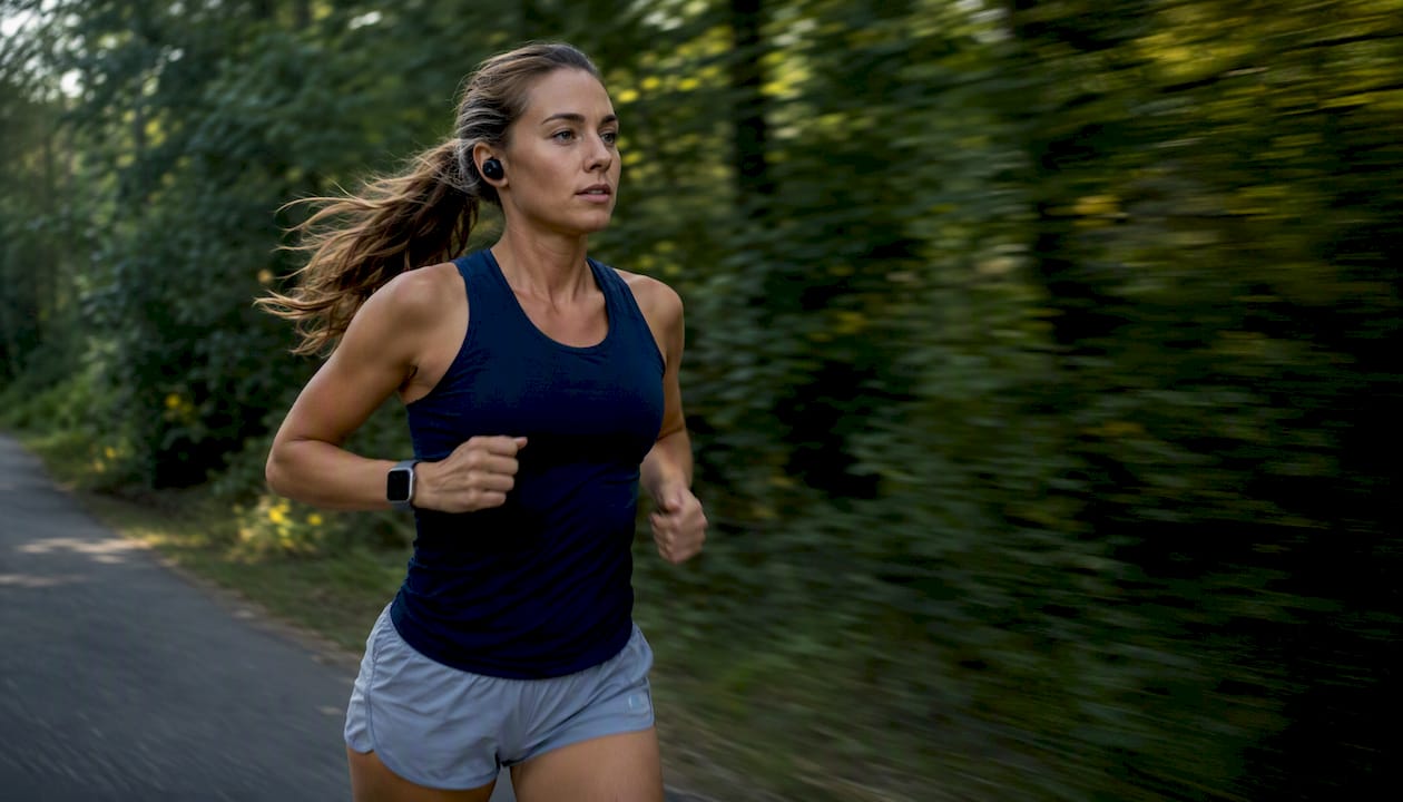 Runner sprinting with earbuds on trail