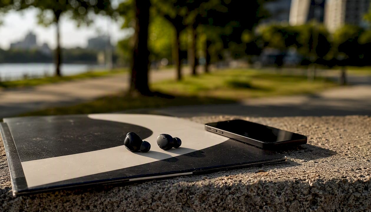 Earbuds on vinyl and phone on bench