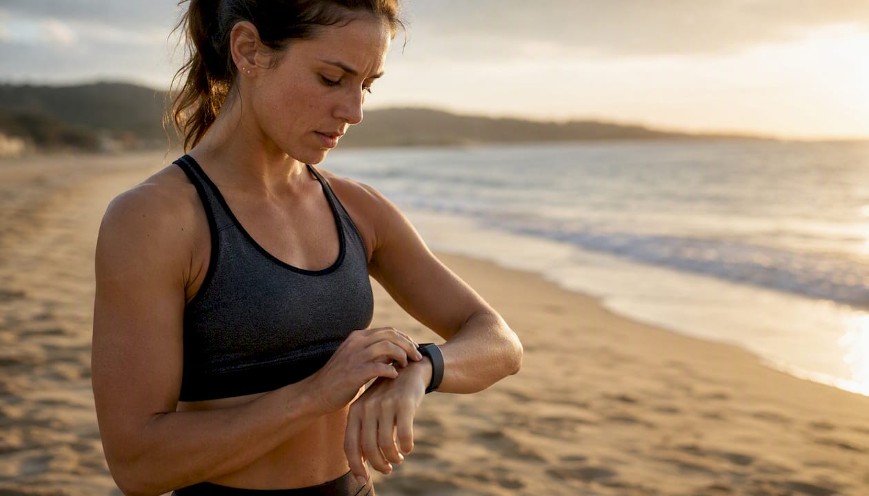 Runner adjusting fitness wearable on wrist