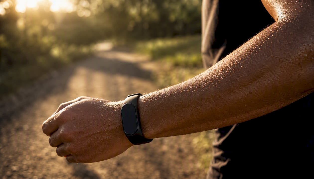Sweaty runner's wrist with fitness wearable