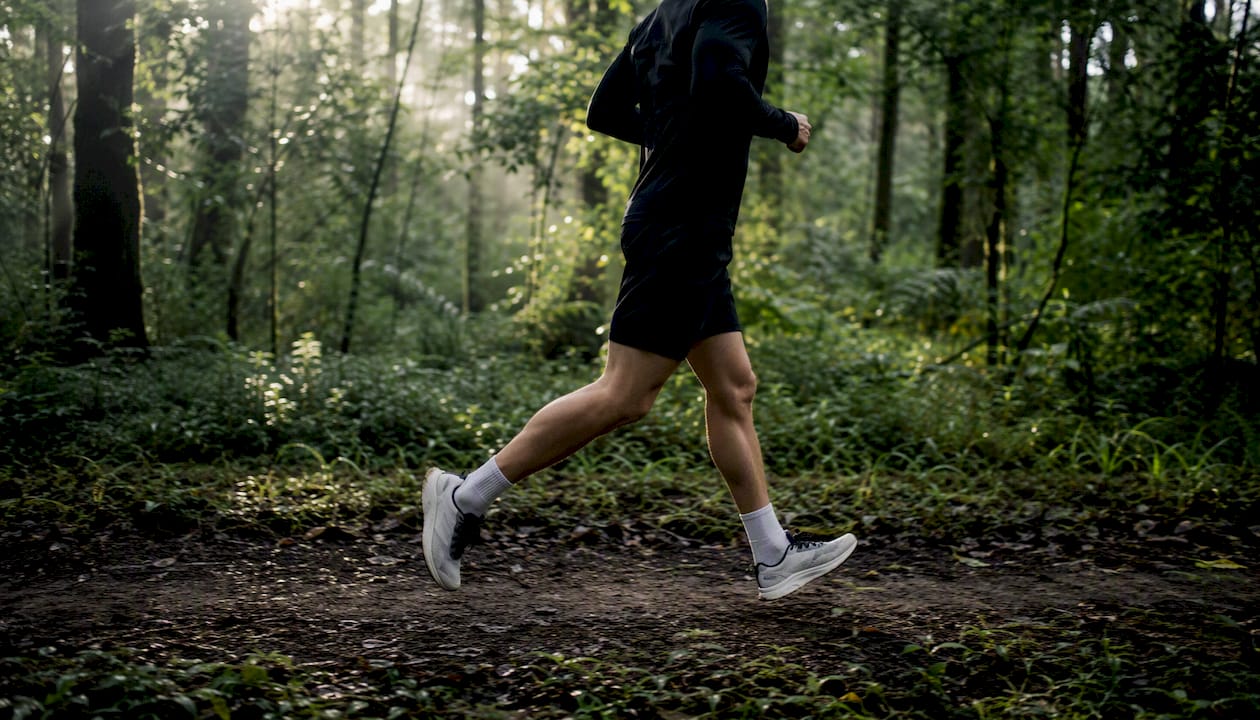 Runner jogging steady pace on forest trail