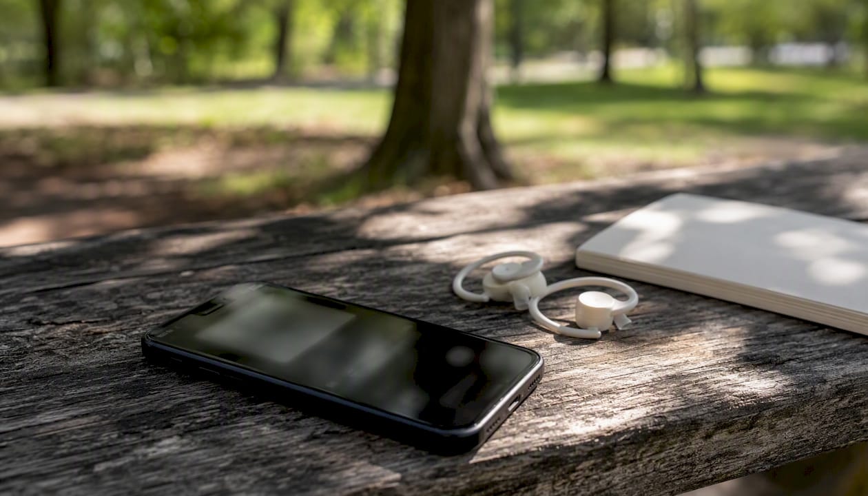 Music playlist on tablet with earbuds and notebook
