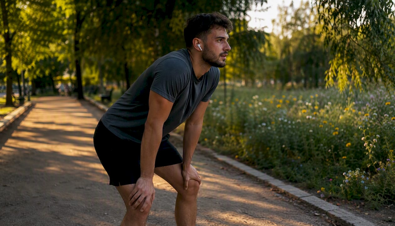 Runner cooling down on park path with earbuds