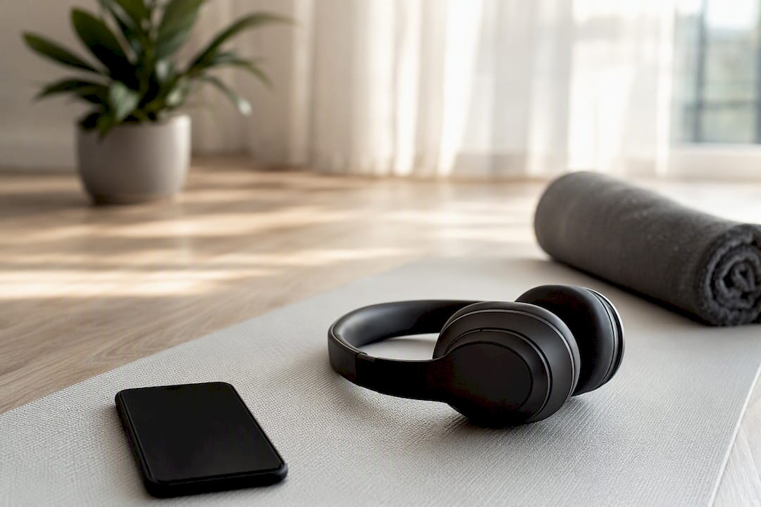 Headphones and smartphone on gym bench
