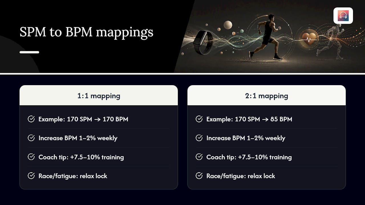 Diagram showing cadence to BPM mapping and training progressions