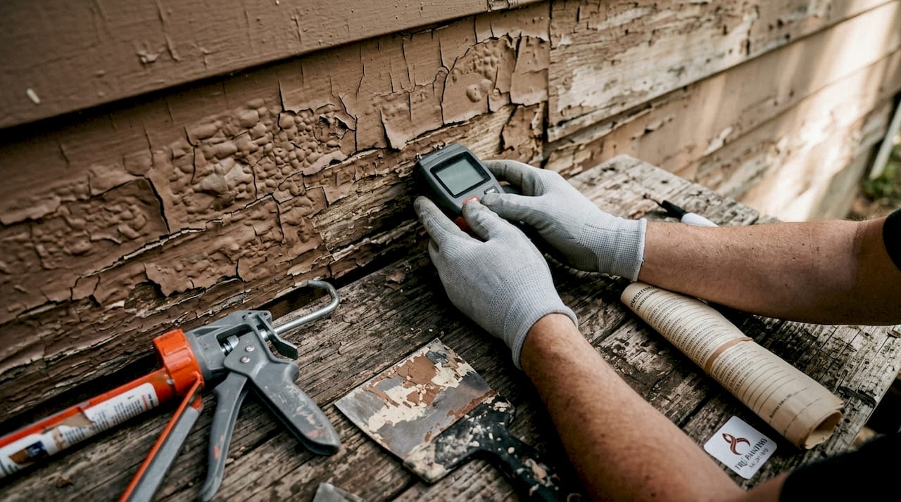 Hands checking damaged paint with moisture meter