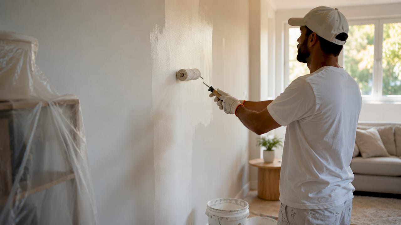 Painter applying low-VOC paint with VOC monitor visible