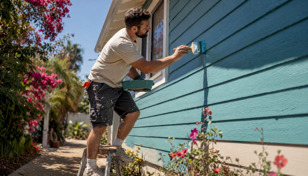 Painter applying exterior house paint on siding