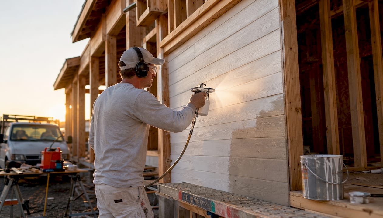 Painter spraying primer on new house exterior siding