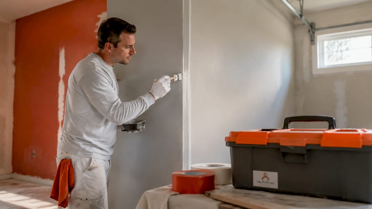 Close-up of painter cutting in paint on drywall corner