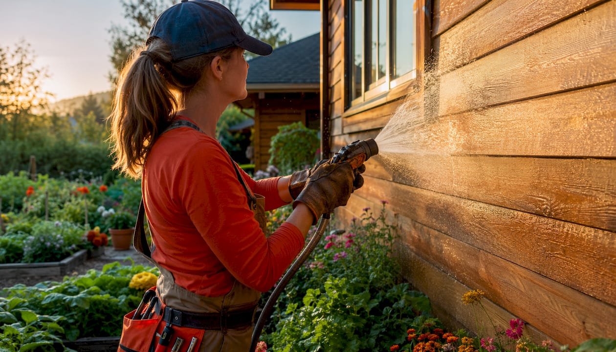 Hands rinsing soft cedar wood siding outdoors