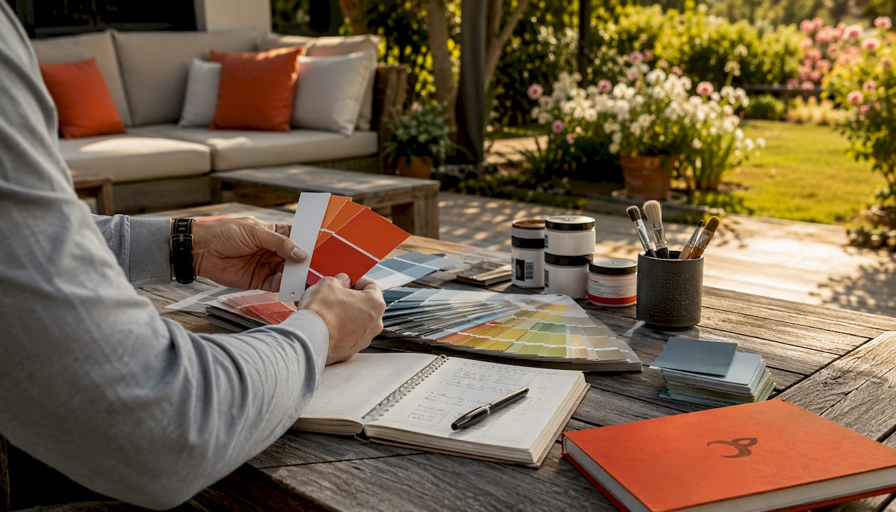 Hands comparing exterior paint color samples outdoors