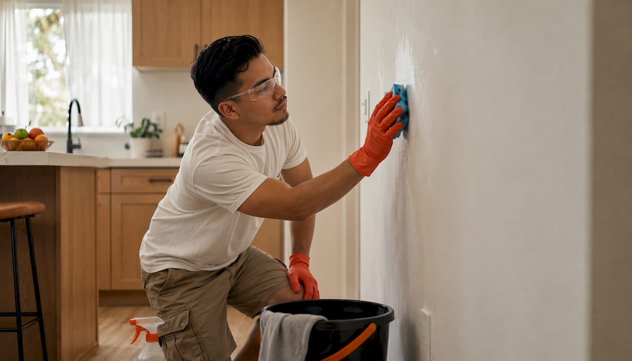 Man cleaning wall with sponge and safety gear