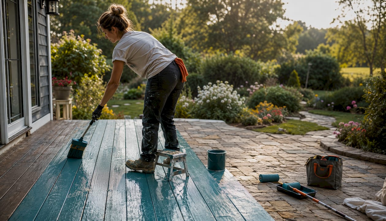 Close-up of hands brushing paint on deck boards
