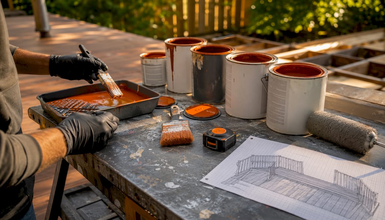 Overhead view of deck painting supplies and plan