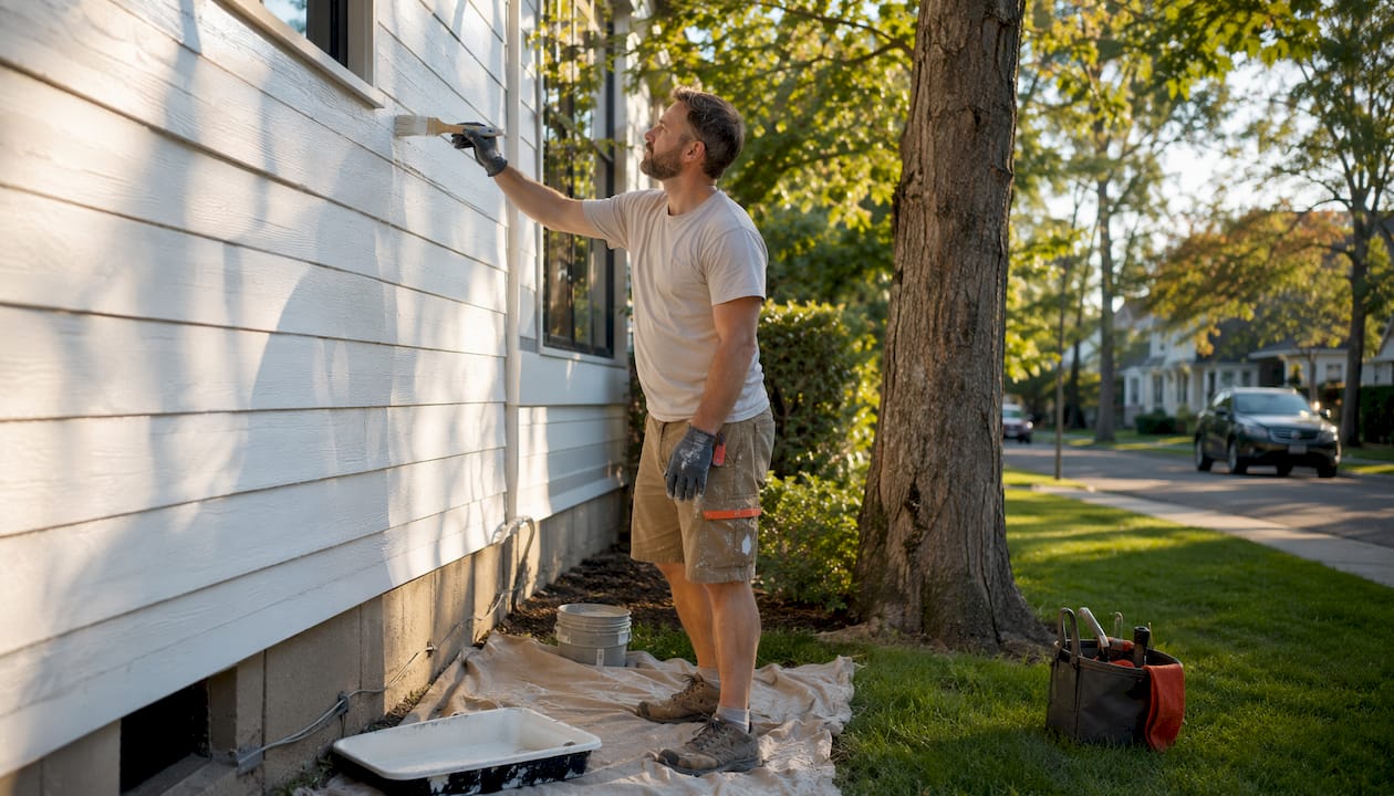 Homeowner painting house exterior by hand