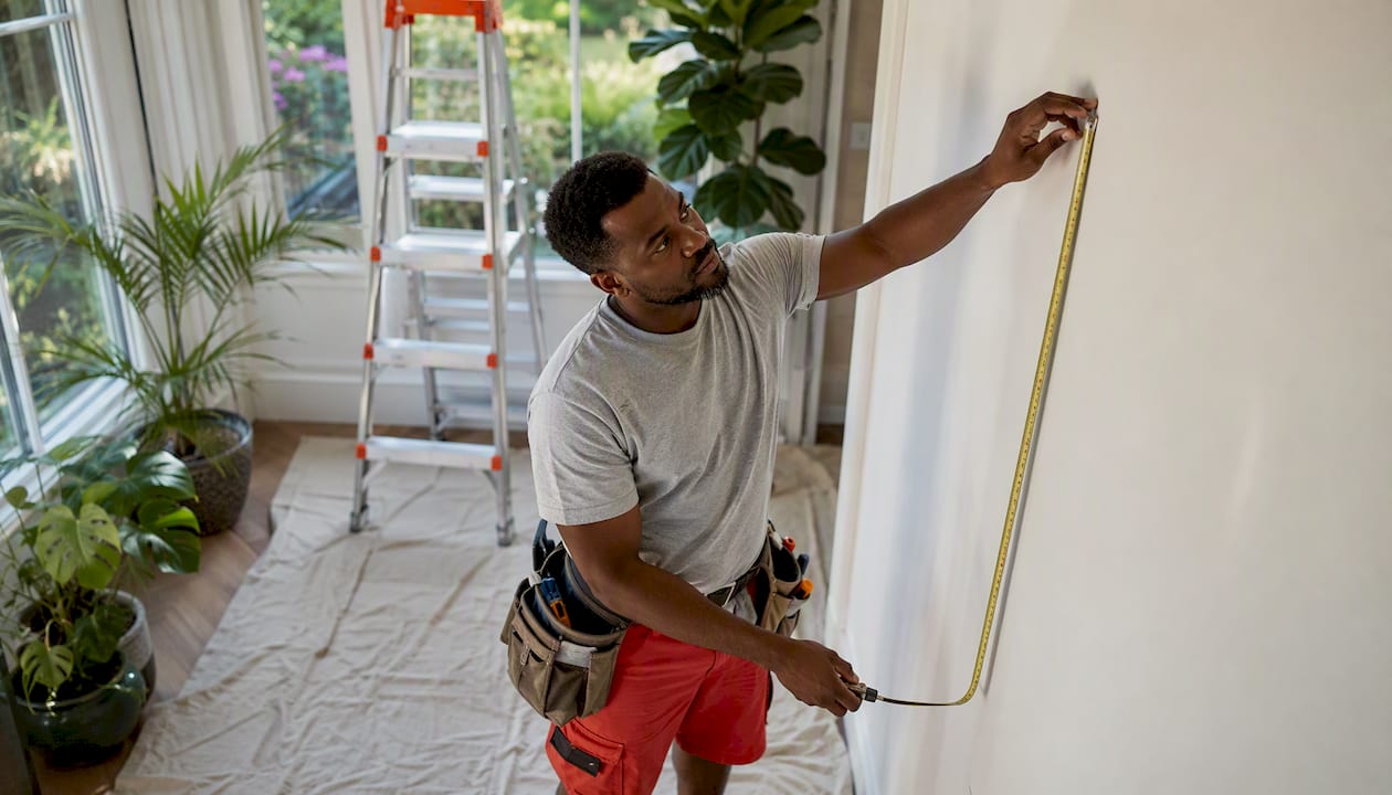Painter measuring wall for estimate
