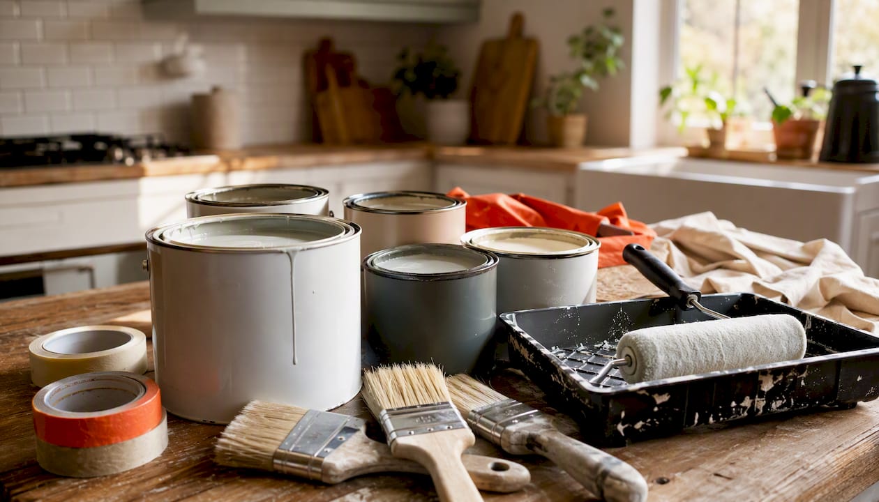 Interior painting supplies including primer and brushes