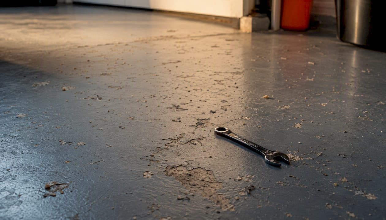 Garage floor epoxy surface chipping close-up