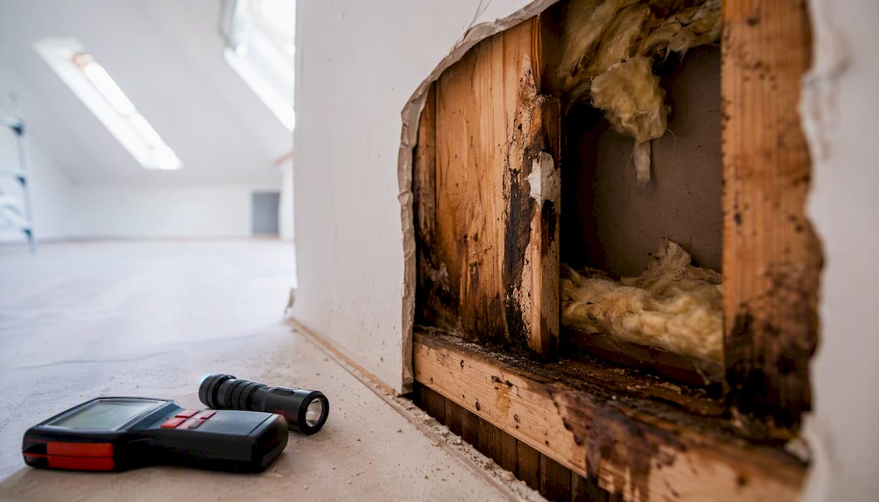 Opened drywall revealing hidden water damage