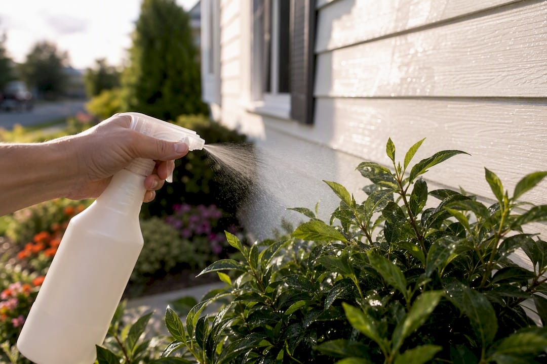 Spraying biodegradable cleaner on green plants