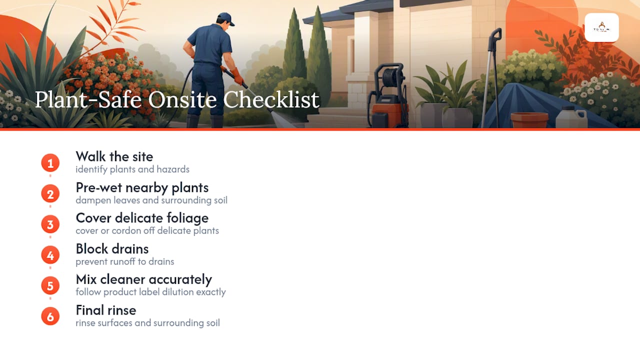 Onsite checklist steps for plant-safe pressure washing