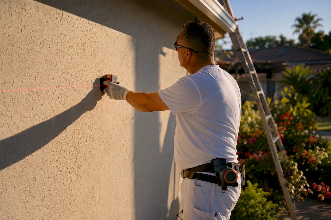 Painter measuring exterior surface area with laser tool