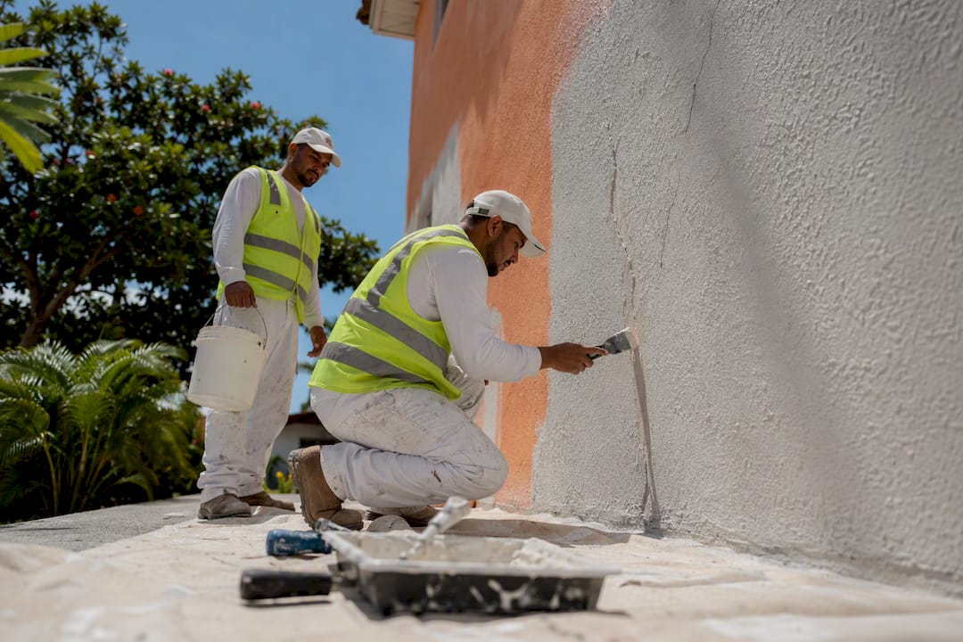 Crew repairing stucco cracks on Florida home exterior