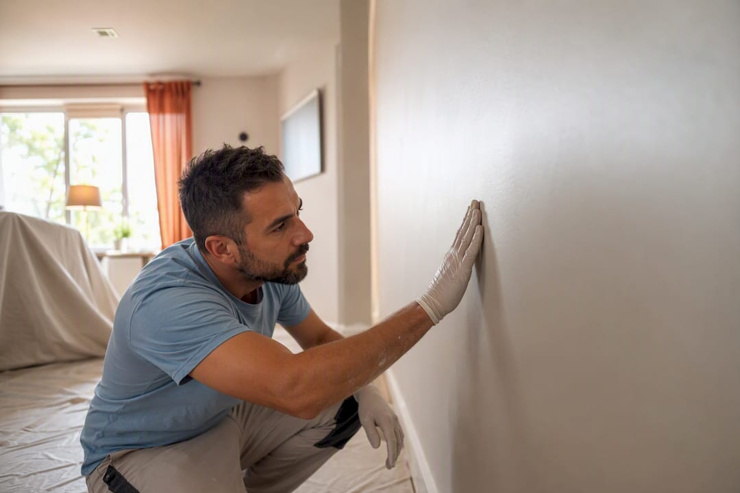 Painter inspecting fresh interior wall finish
