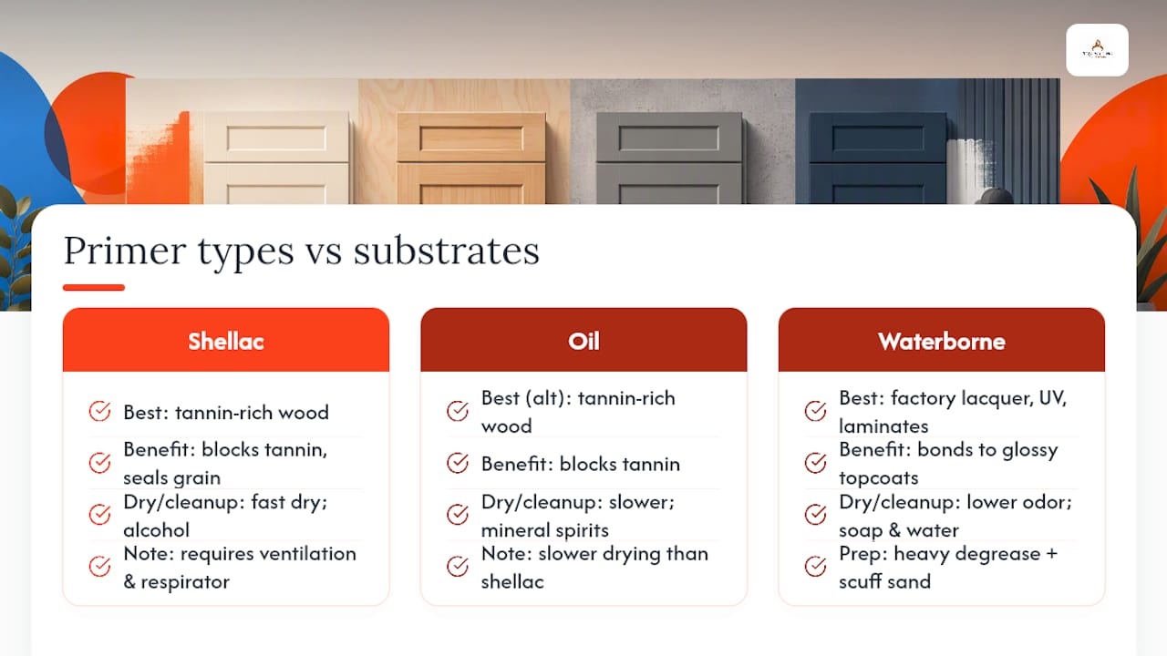Infographic of primer types matched to cabinet substrates