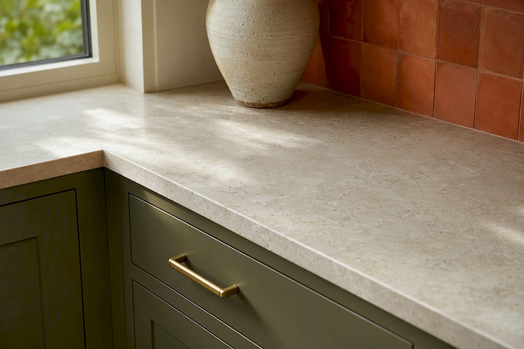Olive cabinet with stone and terracotta tile